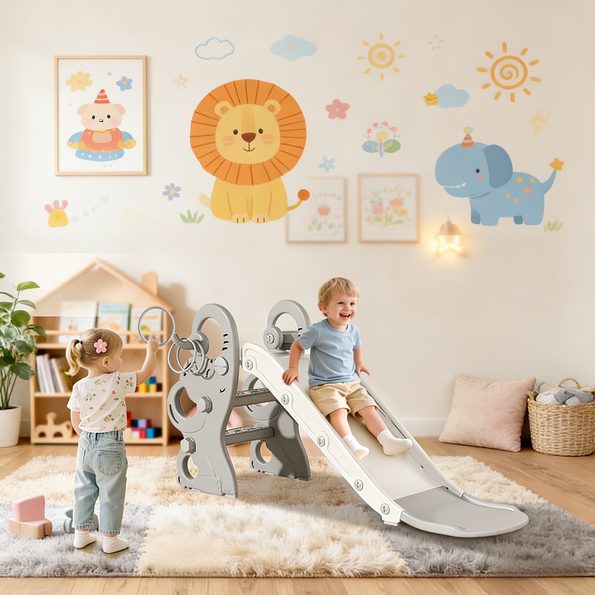 Kids Indoor Outdoor Playset With Basketball Hoop & Ring Toss | Foldable Baby Plastic Slide, Outdoor Playground Climber Slide, Safer And More Joyful, A Great Gift For Kids, Mixed Color, Pe Material, Brand: Slendor