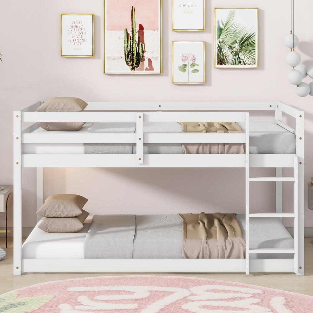 Twin over Twin Bunk Bed with Ladder - Solid Rubber Wood & Composite Wood, Rails, Sturdy 13-Slat Bed Frame, Space-Saving Floor Bed for,, Bedrooms - Easy Assembly, White