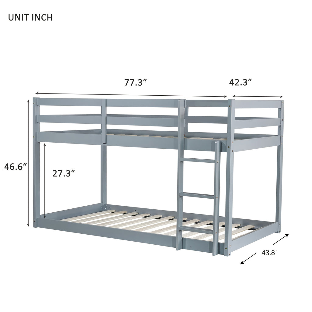 Twin Low Bunk Bed, Solid Rubber Wood Twin Over Twin Bunk Bed Frame with Full Guardrails And Integrated Ladder, Upper And Bottom Bed, No Box Spring Needed