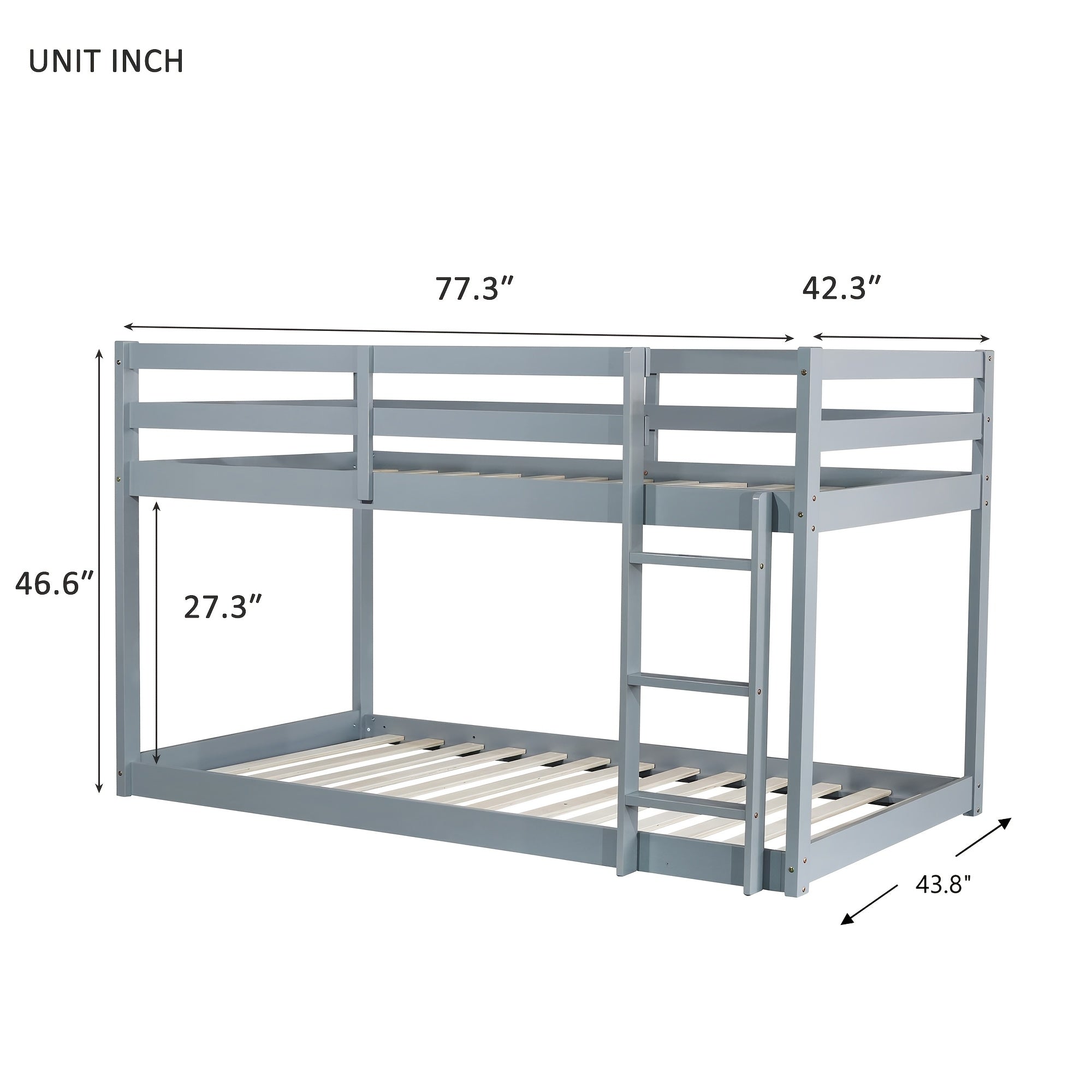 Twin Low Bunk Bed, Solid Rubber Wood Twin Over Twin Bunk Bed Frame with Full Guardrails And Integrated Ladder, Upper And Bottom Bed, No Box Spring Needed