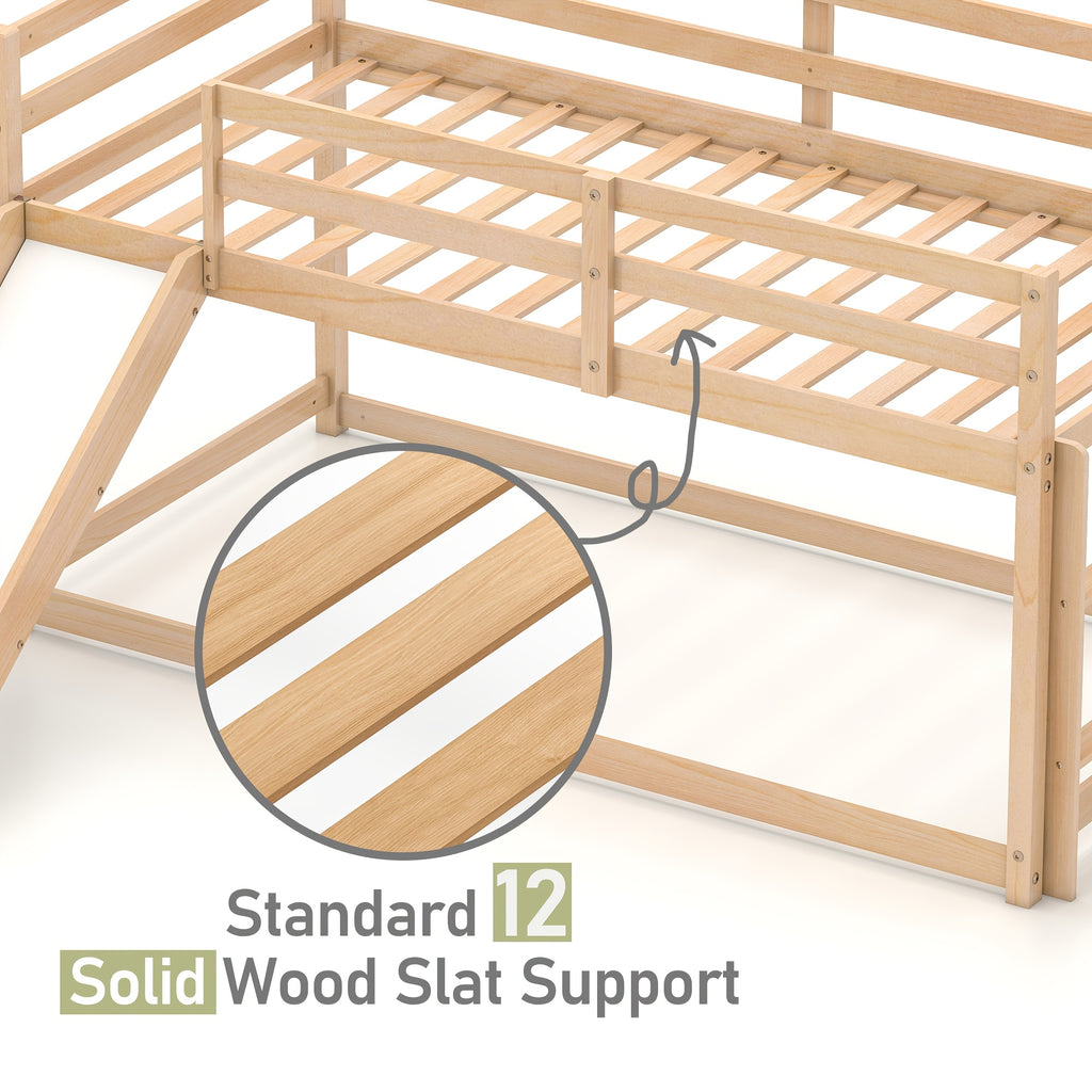 Low Bunk Bed with Slide, Floor Loft Bed with Climbing Ladder, Wood Twin Bunk Bed Frame with Full Guardrails & Storage Space for Youngsters Youngsters