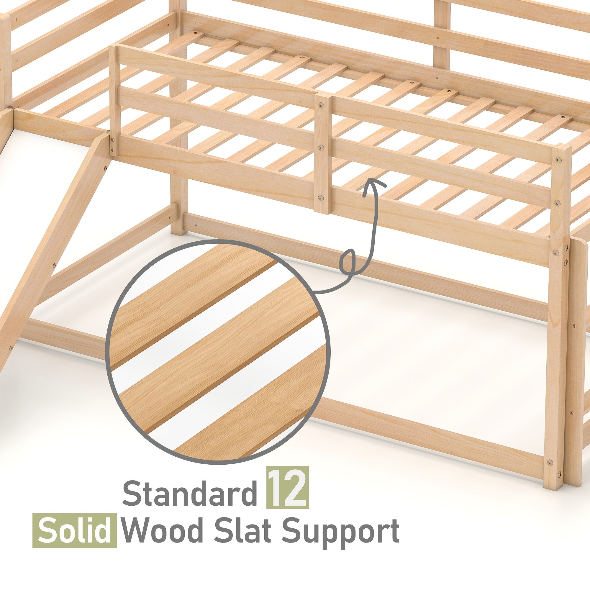 Low Bunk Bed with Slide, Floor Loft Bed with Climbing Ladder, Wood Twin Bunk Bed Frame with Full Guardrails & Storage Space for Youngsters Youngsters