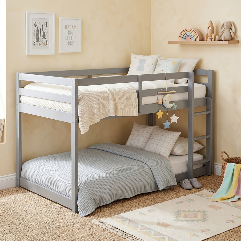 Twin Low Bunk Bed, Solid Rubber Wood Twin Over Twin Bunk Bed Frame with Full Guardrails And Integrated Ladder, Upper And Bottom Bed, No Box Spring Needed