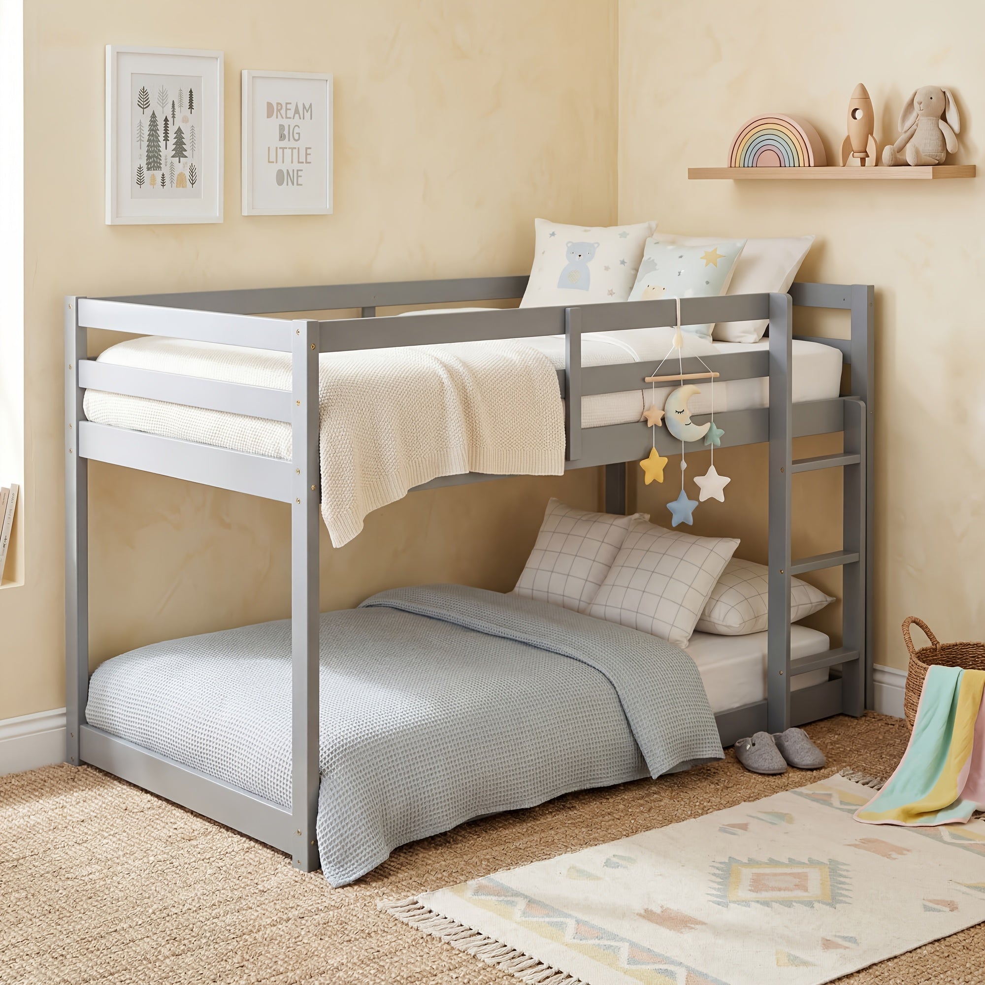 Twin Low Bunk Bed, Solid Rubber Wood Twin Over Twin Bunk Bed Frame with Full Guardrails And Integrated Ladder, Upper And Bottom Bed, No Box Spring Needed