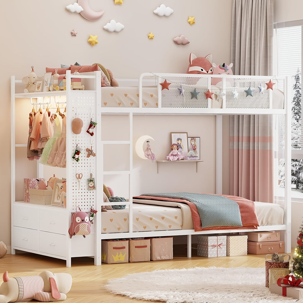 Twin Size Metal Bunk Bed Twin Over Twin With Hall Tree, Power Outlet, LED Bunk Bed With 4 Storage Drawers, Bed With Safety Guardrail & Ladders, No Box Spring Needed, Easy Assembly, Rustic Brown