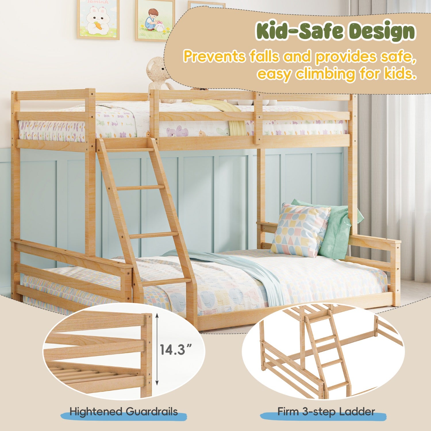Low Bunk Bed Twin Over Full, Floor Bunk Bed with Ladder, Wooden Bunk Bed with Full Guardrails, Low Bunk Bed Bedroom