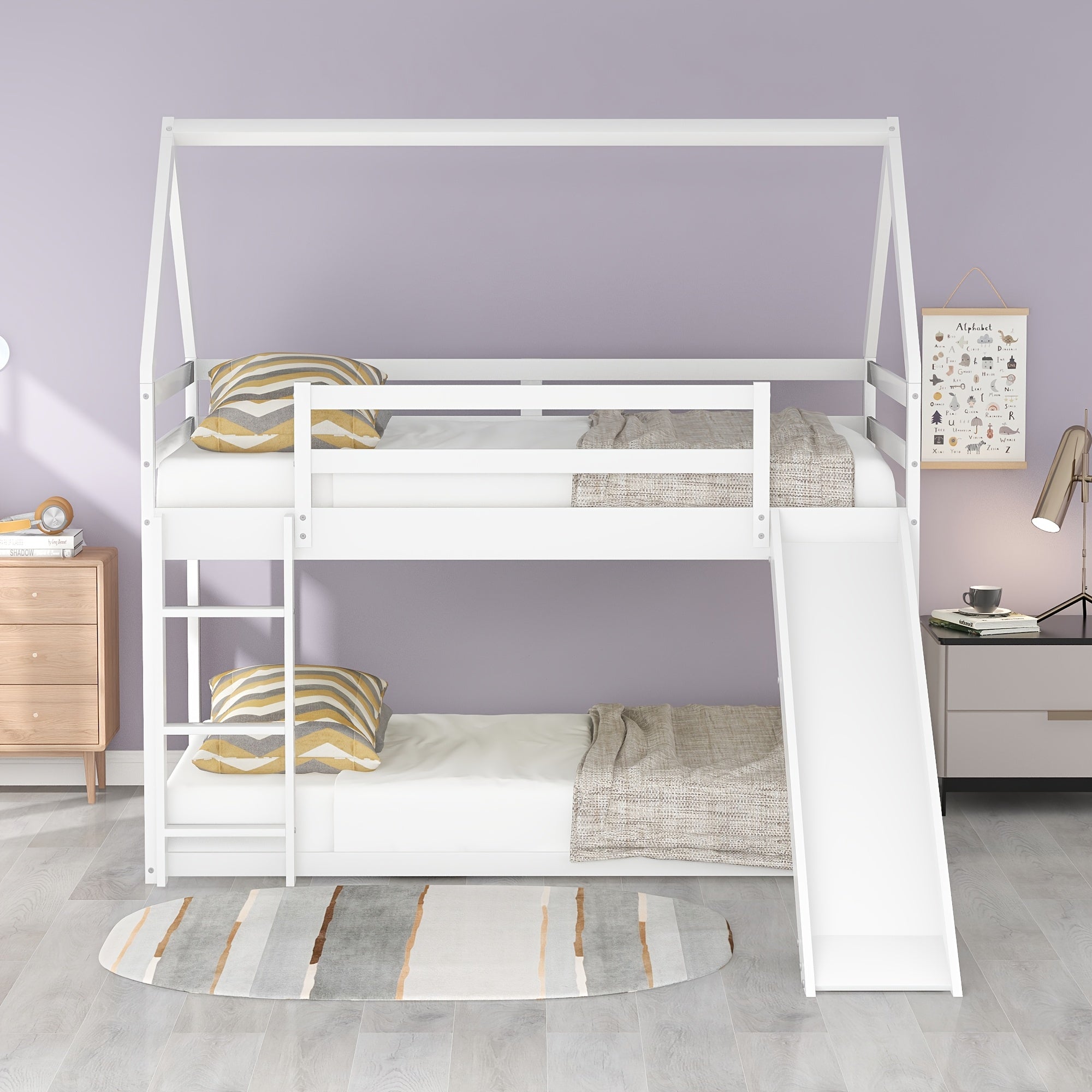14 Wooden Planks Support The Upper Bed Board, Which Can Bear A Weight Of 250 Pounds. It Is A White Double-decker Slide-style Dormitory Bed, Equipped With A Slide And A Ladder