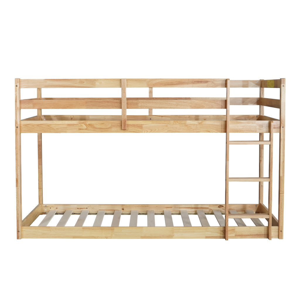 Twin Low Bunk Bed, Solid Rubber Wood Twin Over Twin Bunk Bed Frame with Full Guardrails And Integrated Ladder, Upper And Bottom Bed, No Box Spring Needed