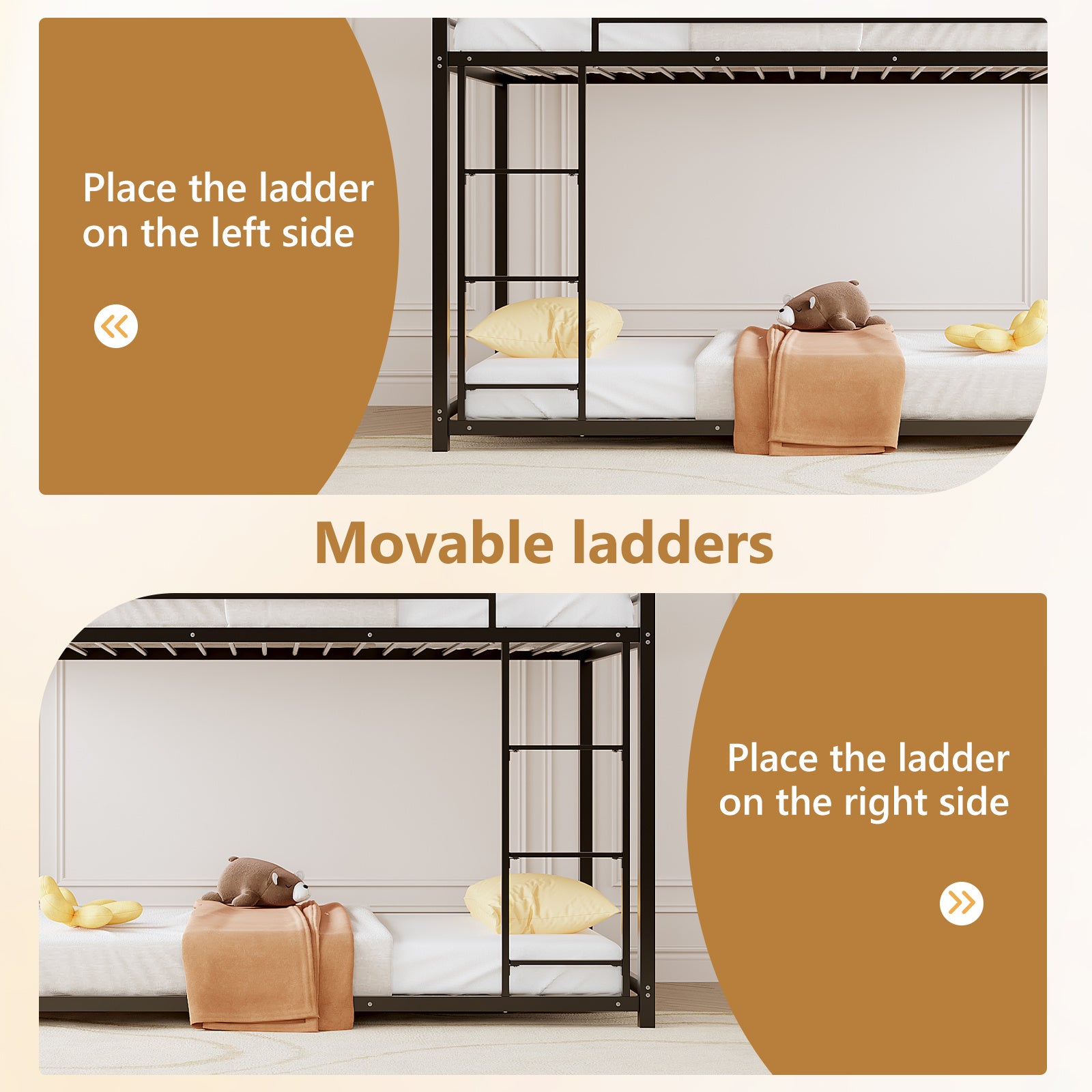 Bunk Bed, Heavy-duty Iron Material, Bunk Bed Frame, Bunk Beds Twin Over Twin for Kids, Space Saving for Small Room&Low Ceiling