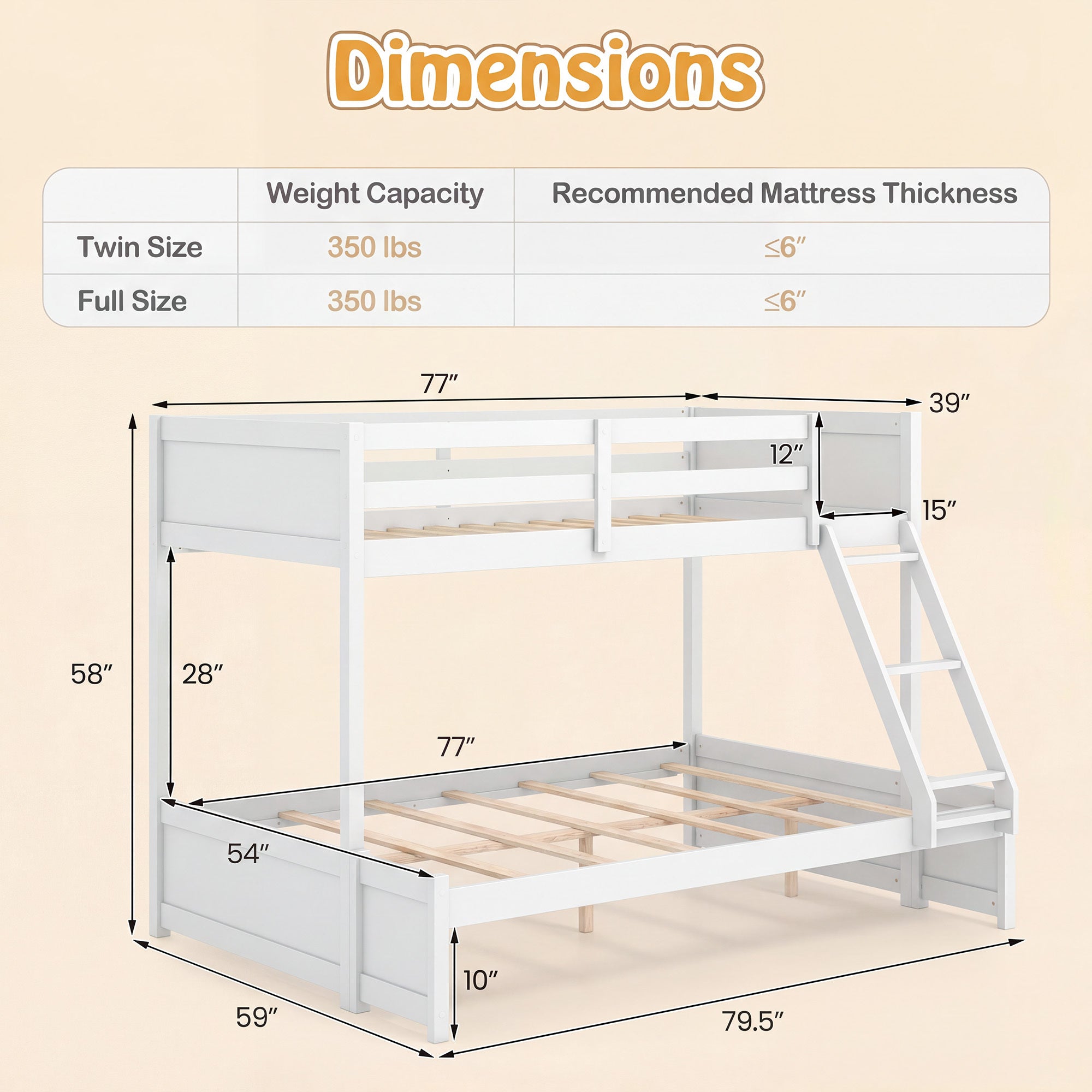 COSTWAY Twin Over Full Bunk Bed with 3-Step Ladder, Solid Wood Bunk Bed with Full-Length Guardrails and 21 Support Slats, Bed Frame with Pine Wood Posts for Teens, Kids, Adults, Dormitory and Apartment