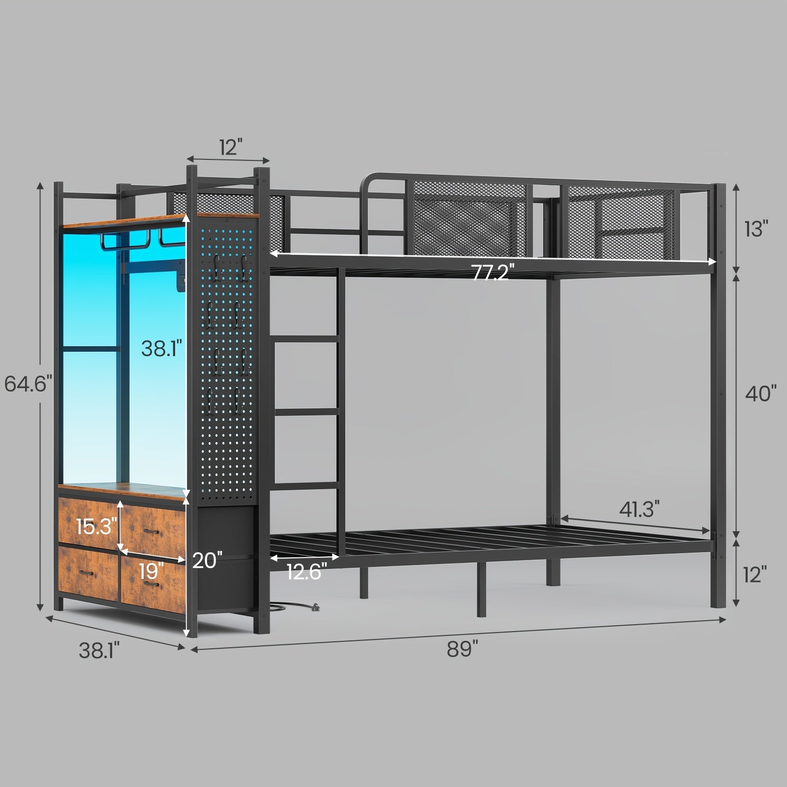 Twin Size Metal Bunk Bed Twin Over Twin With Hall Tree, Power Outlet, LED Bunk Bed With 4 Storage Drawers, Bed With Safety Guardrail & Ladders, No Box Spring Needed, Easy Assembly, Rustic Brown