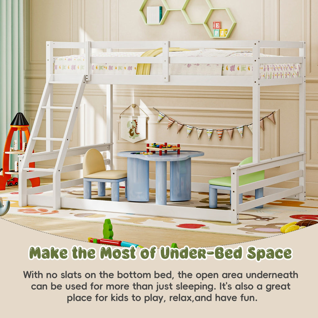 Low Bunk Bed Twin Over Full, Floor Bunk Bed with Ladder, Wooden Bunk Bed with Full Guardrails, Low Bunk Bed Bedroom