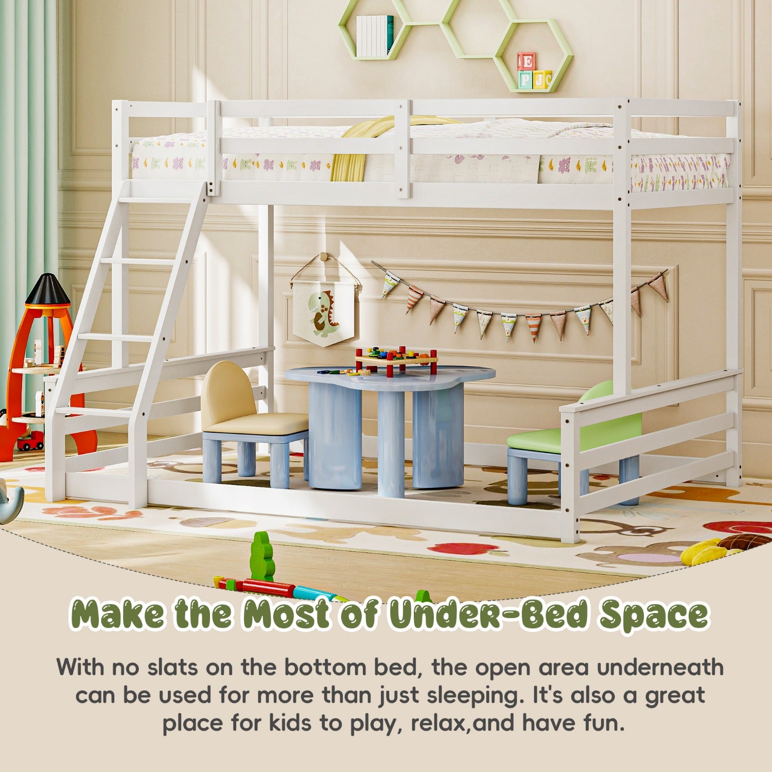 Low Bunk Bed Twin Over Full, Floor Bunk Bed with Ladder, Wooden Bunk Bed with Full Guardrails, Low Bunk Bed Bedroom
