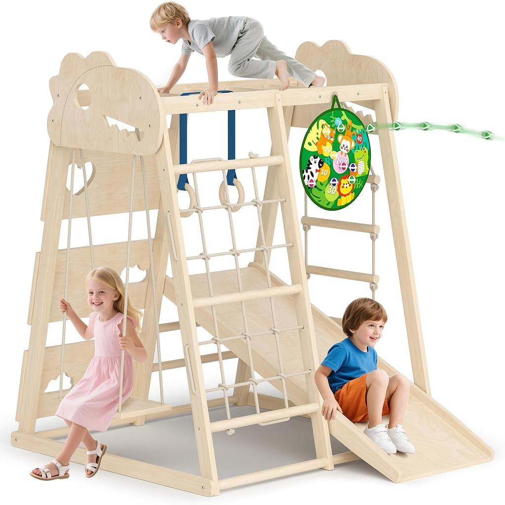 8-in-1 Indoor Playground, Indoor Jungle Gym for Kids, Wooden Climbing Toys with Rings, Slide, Rope Ladder, Monkey Bar, Climbing Net, Climbing Rock, Swing, Dart Board