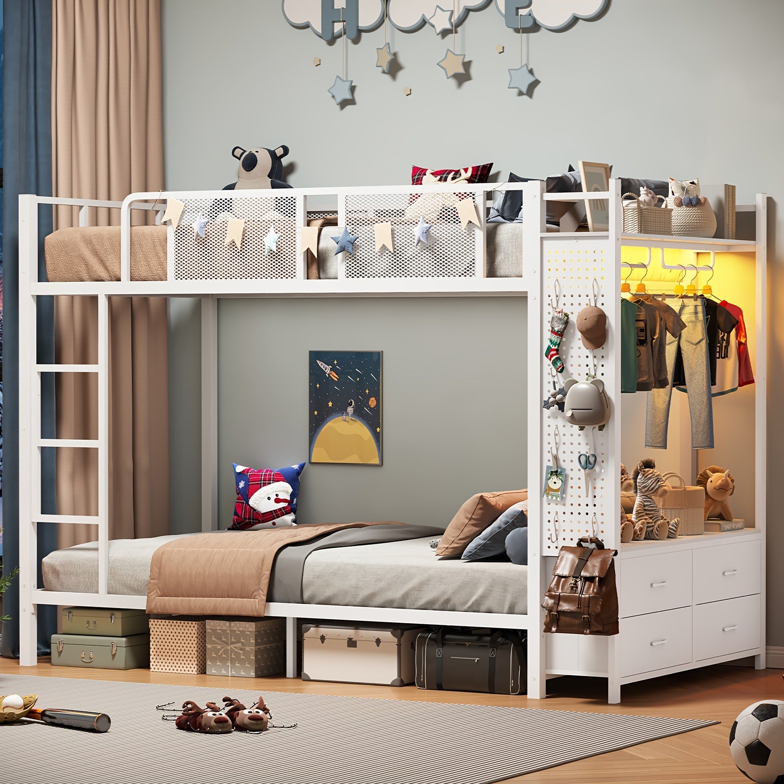 Twin Size Metal Bunk Bed Twin Over Twin With Hall Tree, Power Outlet, LED Bunk Bed With 4 Storage Drawers, Bed With Safety Guardrail & Ladders, No Box Spring Needed, Easy Assembly, Rustic Brown