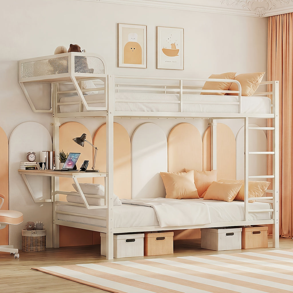 Twin Over Twin Metal Bunk Bed with Power Outlets And Desk, Heavy-Duty Bunk Bed Frame with Safety Guardrail And Ladders, Upper Storage Rack, No Box Spring Needed, Without Mattress for Junior Bedroom, Dorm