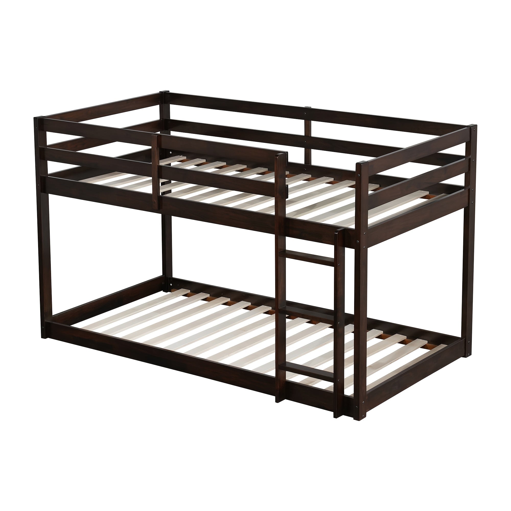 Twin Low Bunk Bed, Solid Rubber Wood Twin Over Twin Bunk Bed Frame with Full Guardrails And Integrated Ladder, Upper And Bottom Bed, No Box Spring Needed