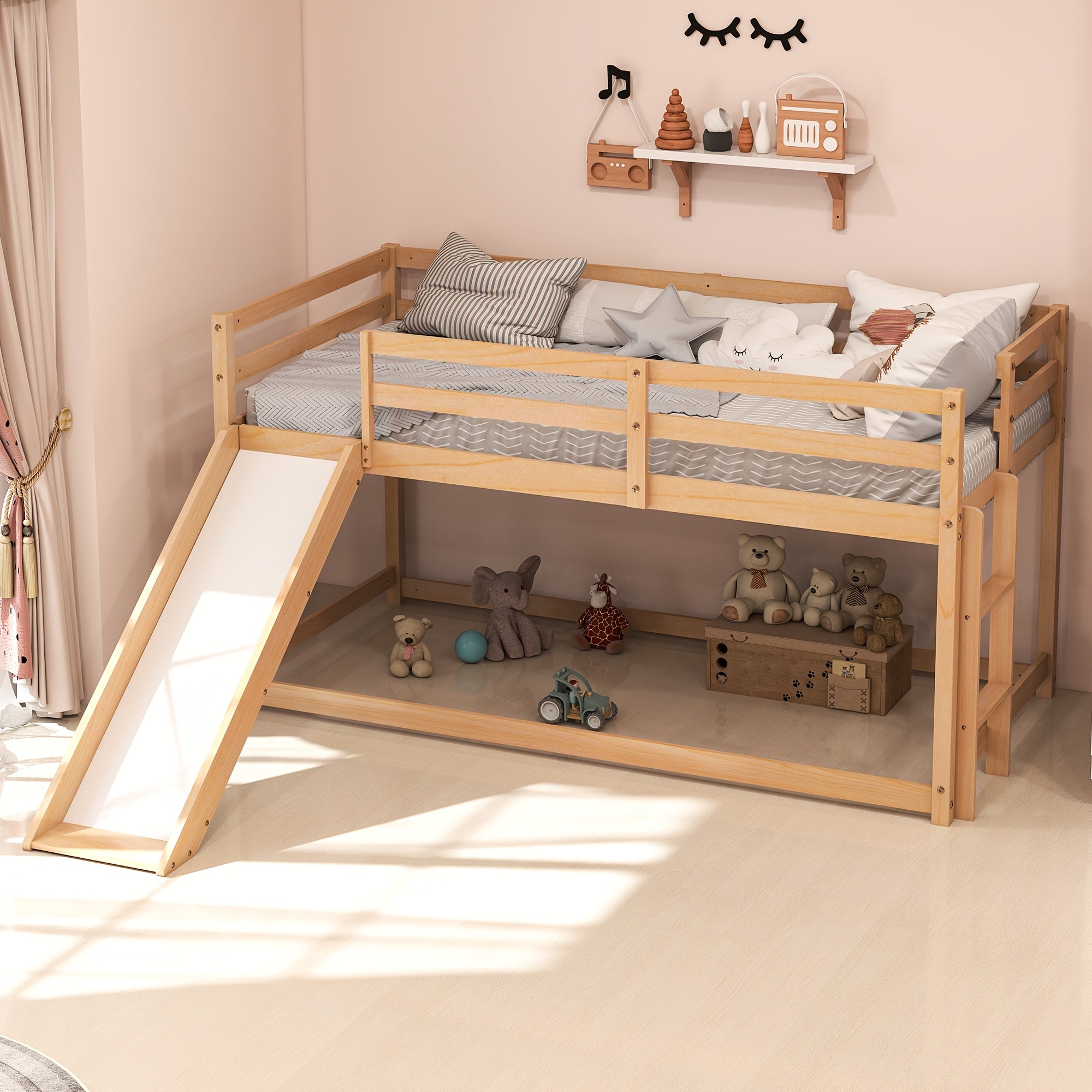 Low Bunk Bed with Slide, Floor Loft Bed with Climbing Ladder, Wood Twin Bunk Bed Frame with Full Guardrails & Storage Space for Youngsters Youngsters