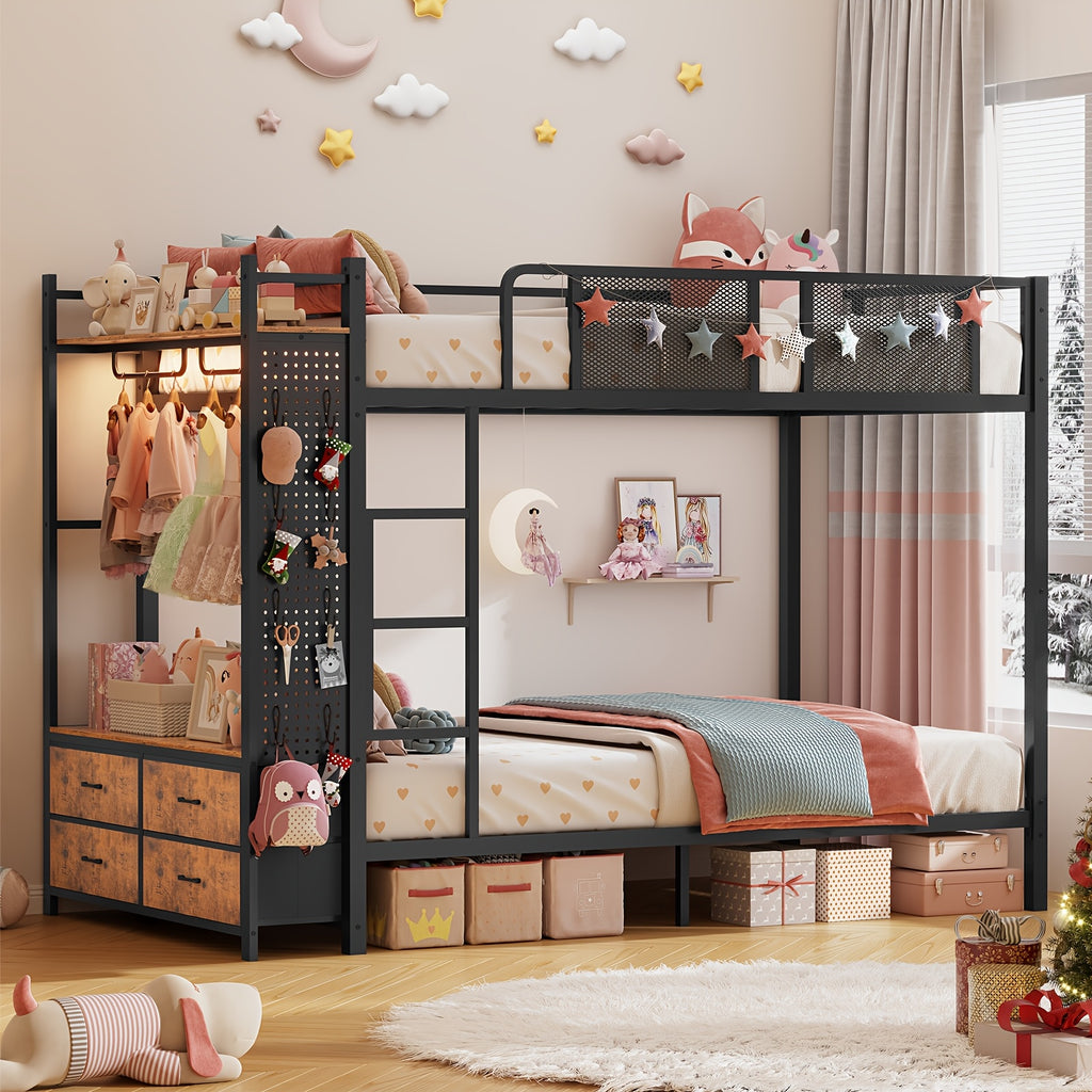 Twin Size Metal Bunk Bed Twin Over Twin With Hall Tree, Power Outlet, LED Bunk Bed With 4 Storage Drawers, Bed With Safety Guardrail & Ladders, No Box Spring Needed, Easy Assembly, Rustic Brown