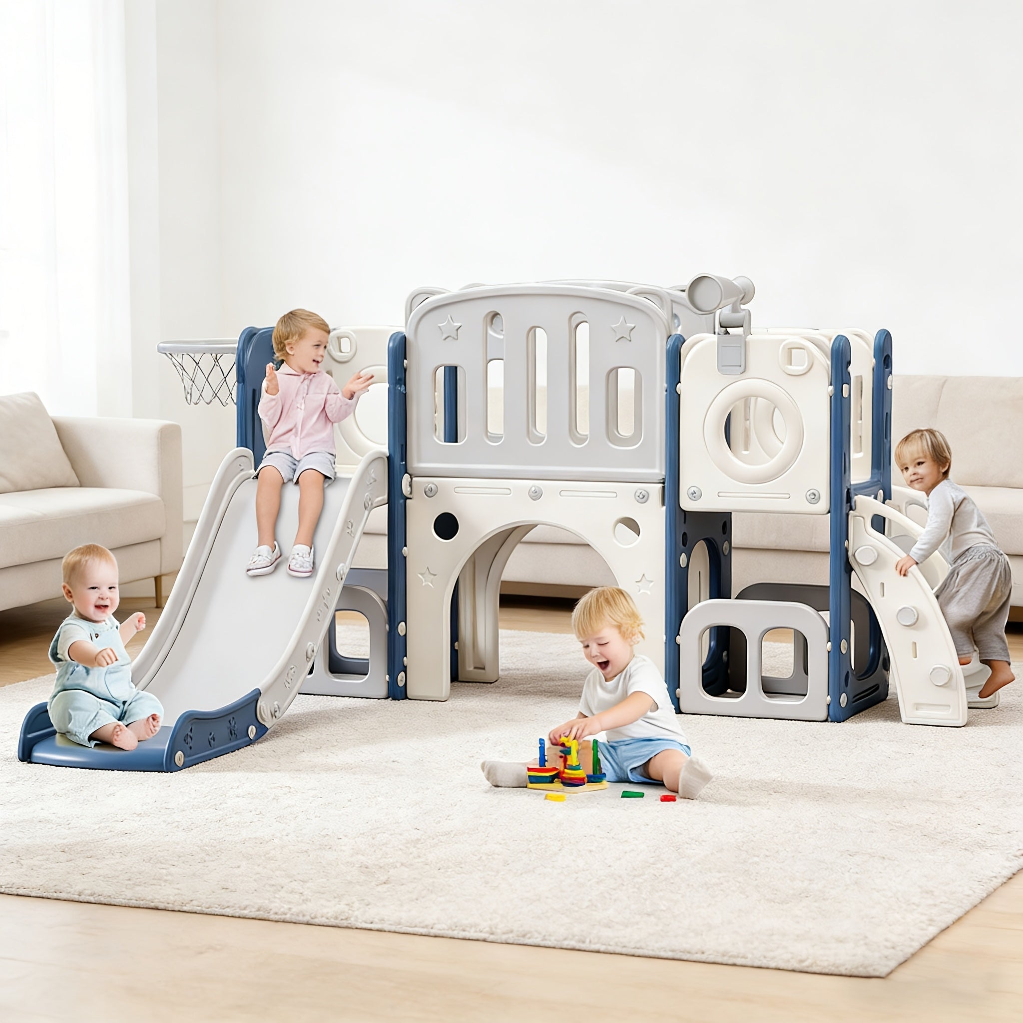 8in 1 Toddler Slide, Kids Climber Slide with Storage Space And Non-Slip Steps, Indoor Outdoor Playset with Basketball Hoopa And Telescope