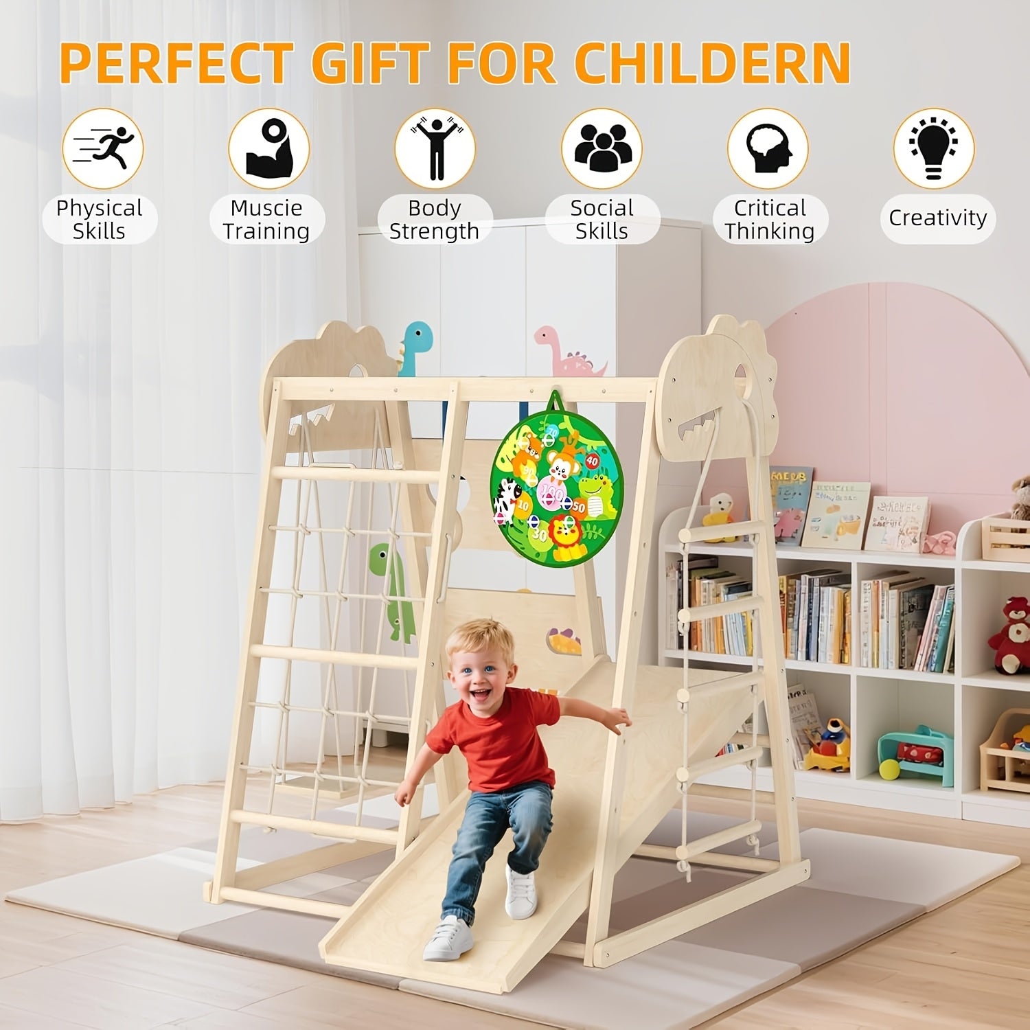 8-in-1 Indoor Playground, Indoor Jungle Gym for Kids, Wooden Climbing Toys with Rings, Slide, Rope Ladder, Monkey Bar, Climbing Net, Climbing Rock, Swing, Dart Board