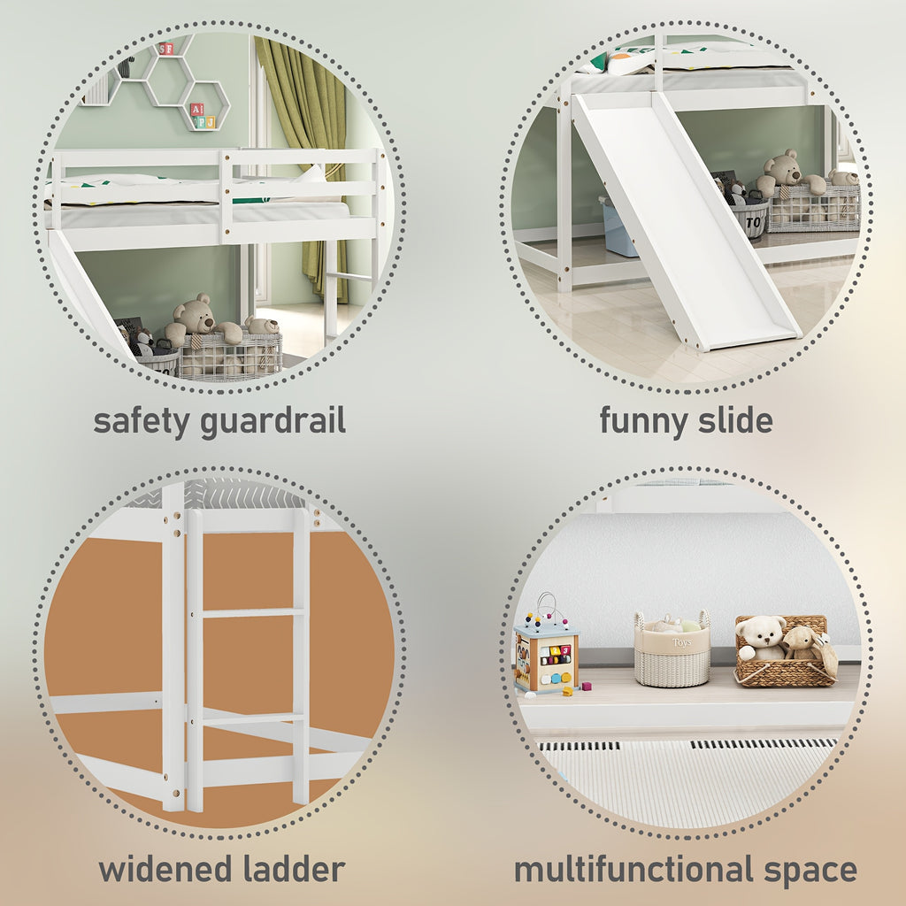 Low Bunk Bed with Slide, Floor Loft Bed with Climbing Ladder, Wood Twin Bunk Bed Frame with Full Guardrails & Storage Space for Youngsters Youngsters