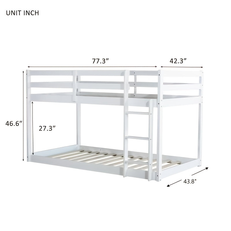 BELLEMAVE Twin Over Twin Low-Profile Bunk Bed Frame With Side Ladder & Full Safety Guardrails, Noise-Reduced Heavy-Duty Bunk Bed, No Box Spring Required, Modern Bedroom Furniture For Small Apartments, White
