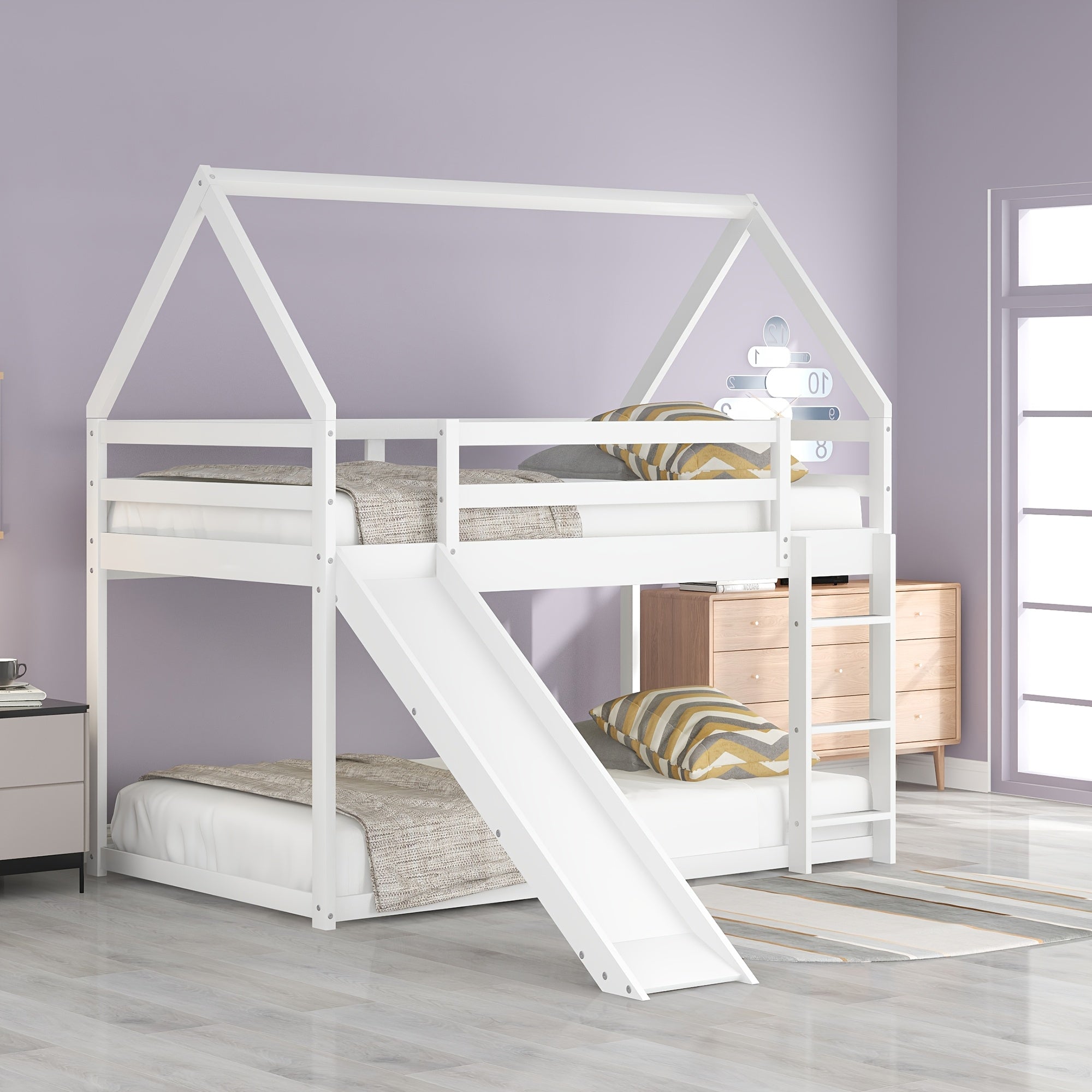 14 Wooden Planks Support The Upper Bed Board, Which Can Bear A Weight Of 250 Pounds. It Is A White Double-decker Slide-style Dormitory Bed, Equipped With A Slide And A Ladder