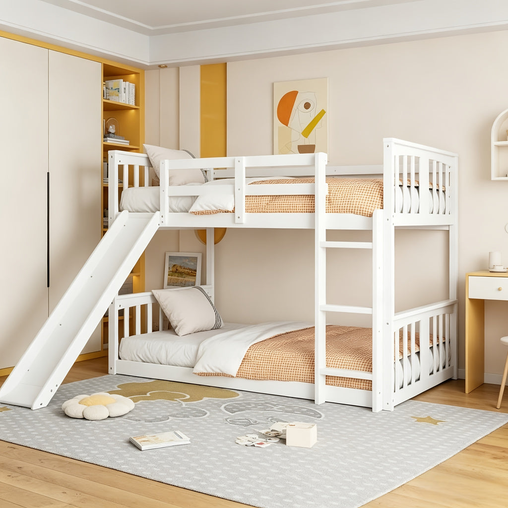 BELLEMAVE 2-in-1 Twin Floor Bunk Bed Frame With Fun Side Ladder, Heavy-Duty Low-Profile Bunk Bed With Full-Length Safety Guardrails, Noise-Reduced Design, No Box Spring Required, Modern Bedroom Furniture For Small Apartments, White
