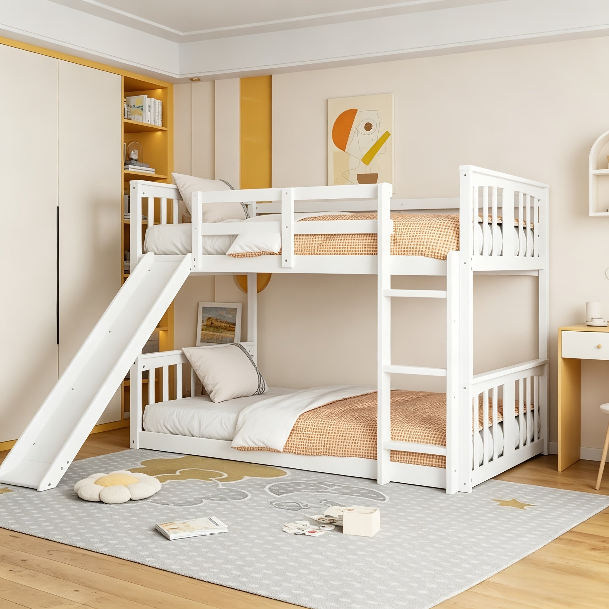 BELLEMAVE 2-in-1 Twin Floor Bunk Bed Frame With Fun Side Ladder, Heavy-Duty Low-Profile Bunk Bed With Full-Length Safety Guardrails, Noise-Reduced Design, No Box Spring Required, Modern Bedroom Furniture For Small Apartments, White
