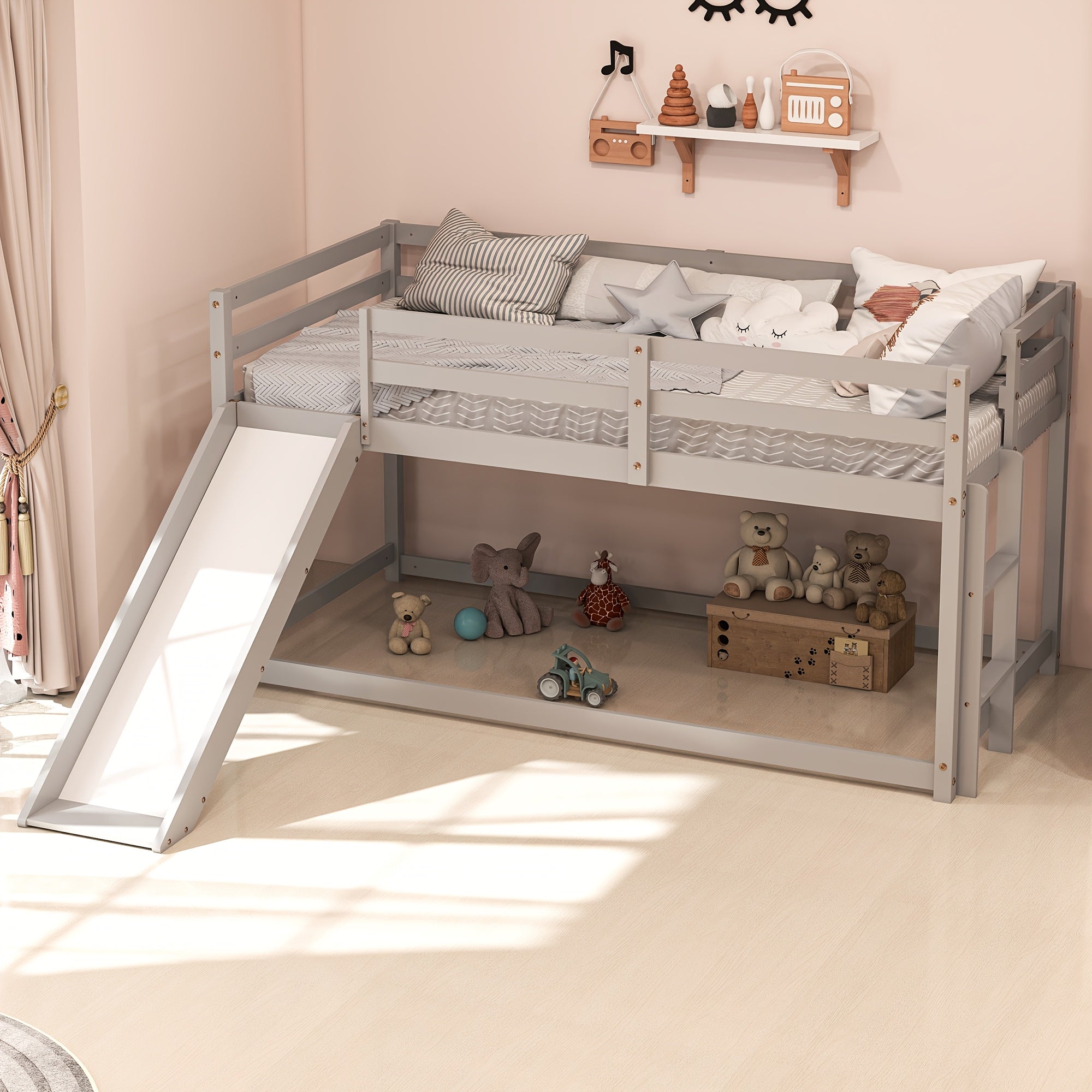 Low Bunk Bed with Slide, Floor Loft Bed with Climbing Ladder, Wood Twin Bunk Bed Frame with Full Guardrails & Storage Space for Youngsters Youngsters