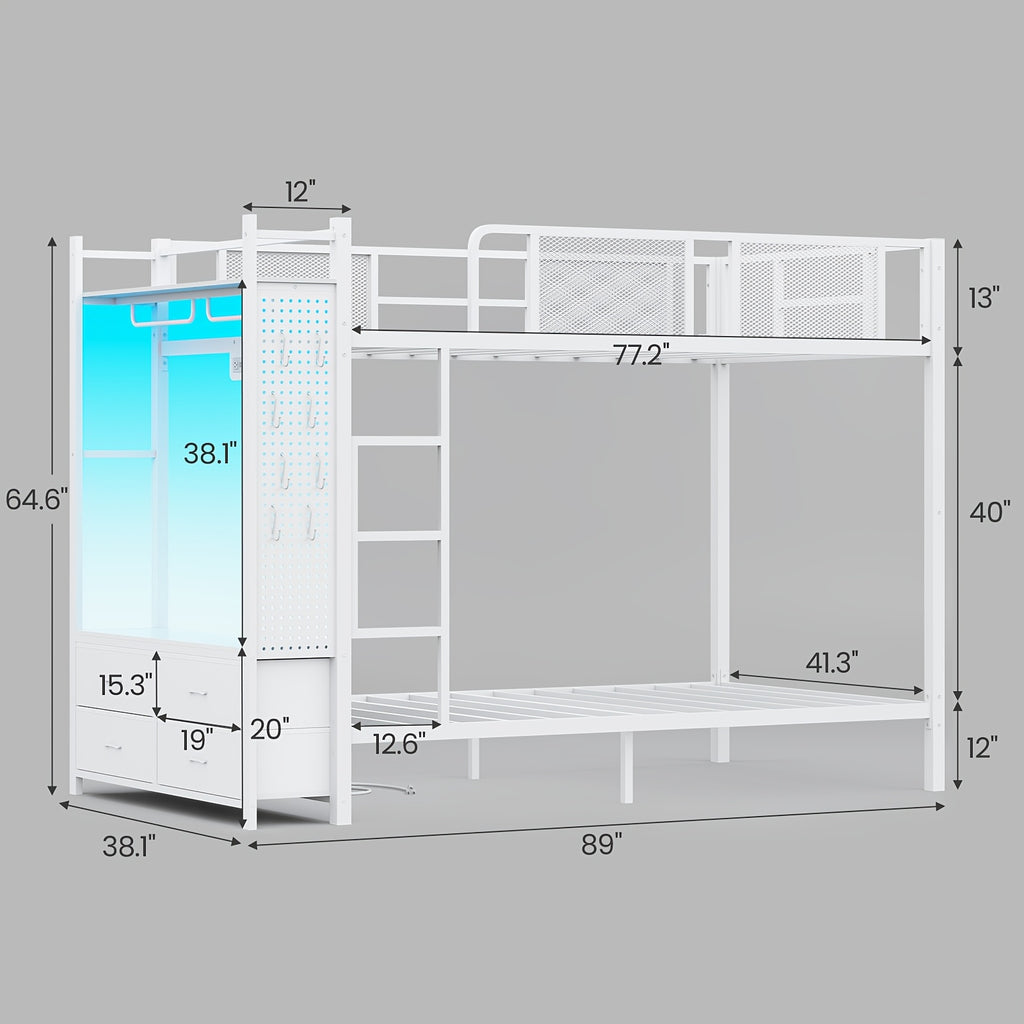 Twin Size Metal Bunk Bed Twin Over Twin With Hall Tree, Power Outlet, LED Bunk Bed With 4 Storage Drawers, Bed With Safety Guardrail & Ladders, No Box Spring Needed, Easy Assembly, Rustic Brown