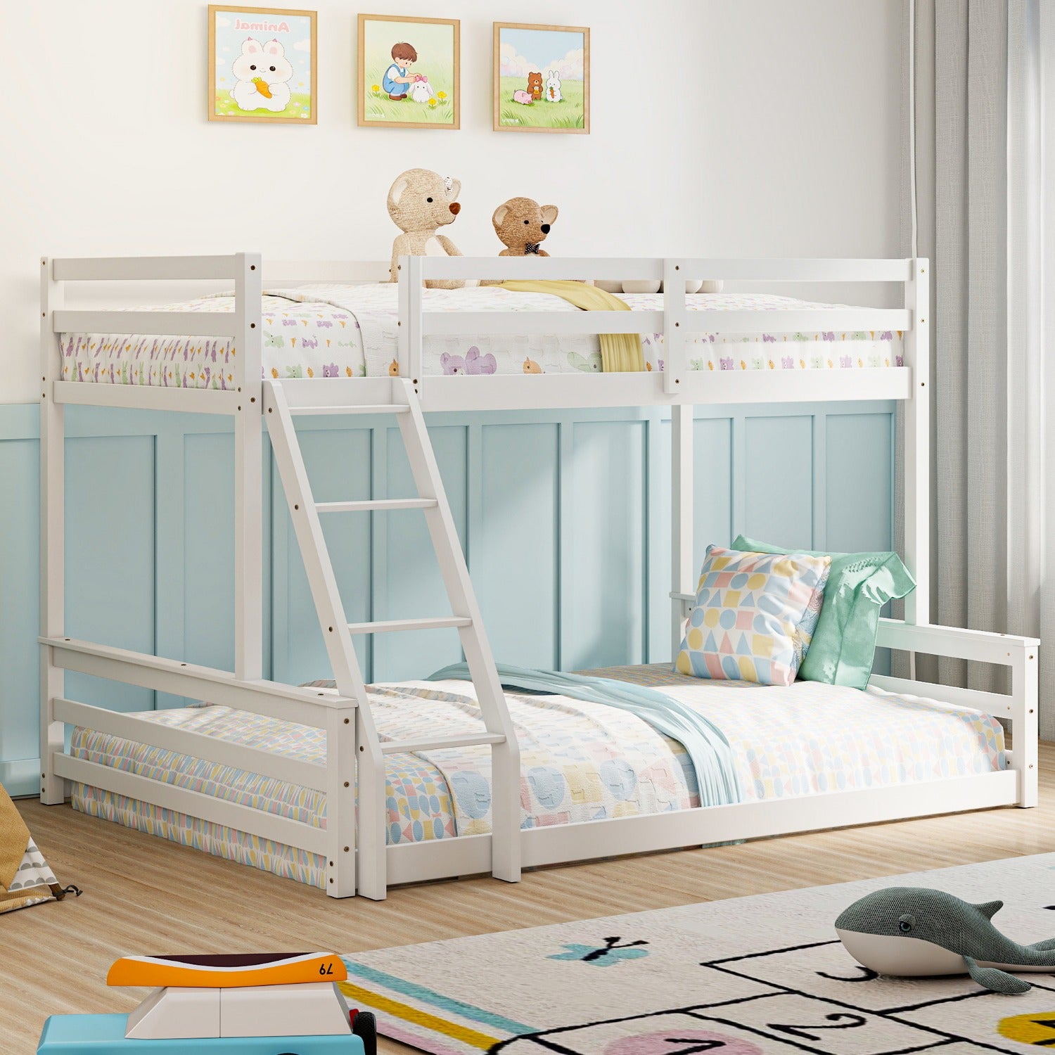 Low Bunk Bed Twin Over Full, Floor Bunk Bed with Ladder, Wooden Bunk Bed with Full Guardrails, Low Bunk Bed Bedroom